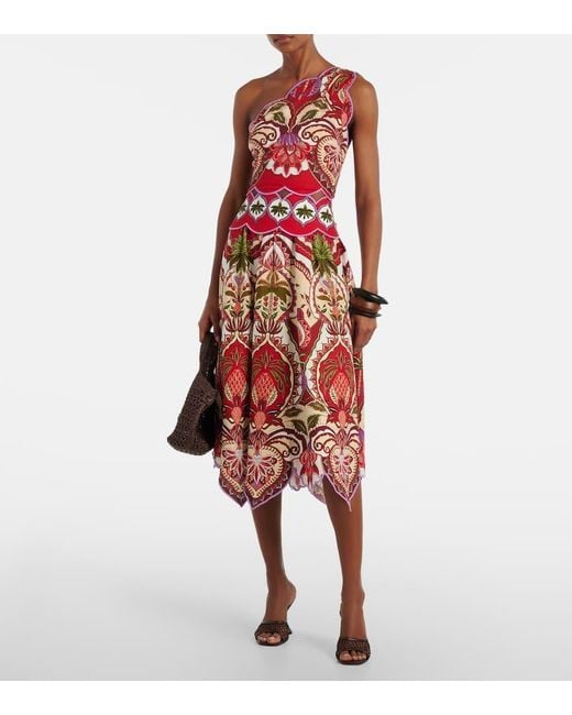 Farm Rio Red Odara Scalloped Linen-Blend Midi Skirt