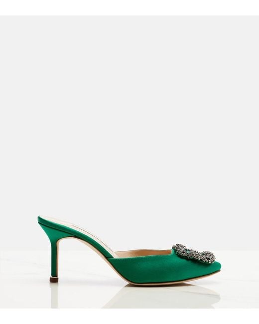 Manolo Blahnik Green Hangisimu 70 Embellished Satin Mules