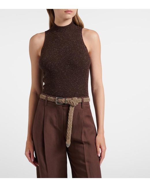Brunello Cucinelli Brown Ribbed-Knit Lame Top