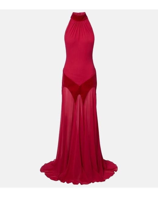 McQueen Red Velvet-Trimmed Silk Georgette Gown