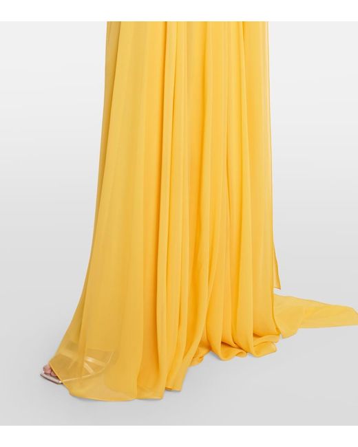 Elie Saab Yellow Embellished Scarf-Detail Silk Gown