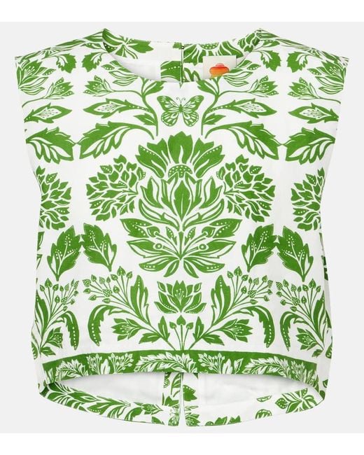 Farm Rio Green Delicate Tapestry Linen-Blend Top