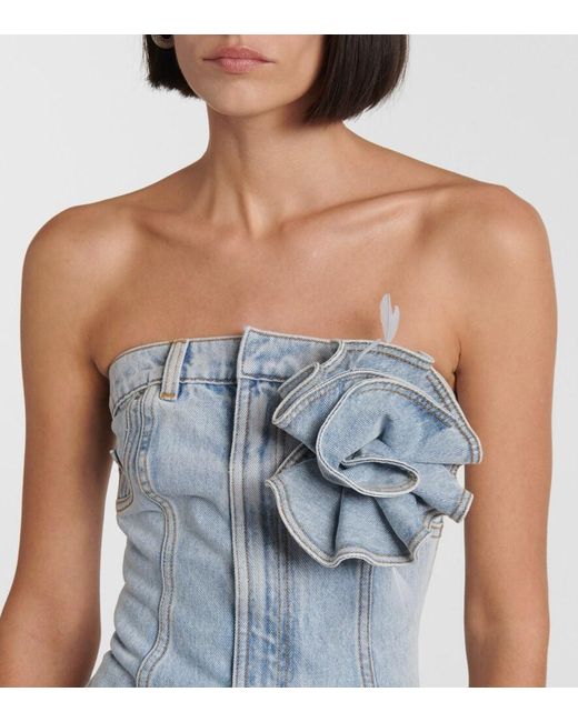 Area Blue Floral-Applique Denim Midi Dress