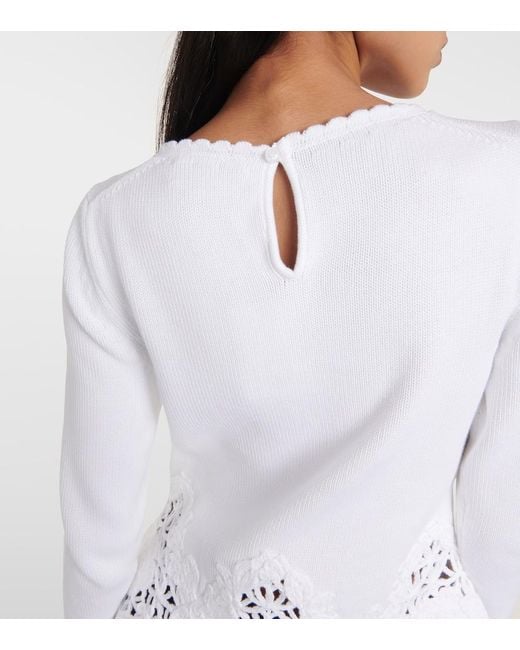 Oscar de la Renta White Lace-Trimmed Cotton Sweater