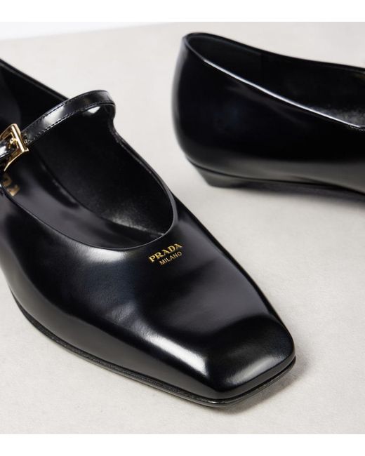 Prada Black Brushed Leather Mary Jane Flats