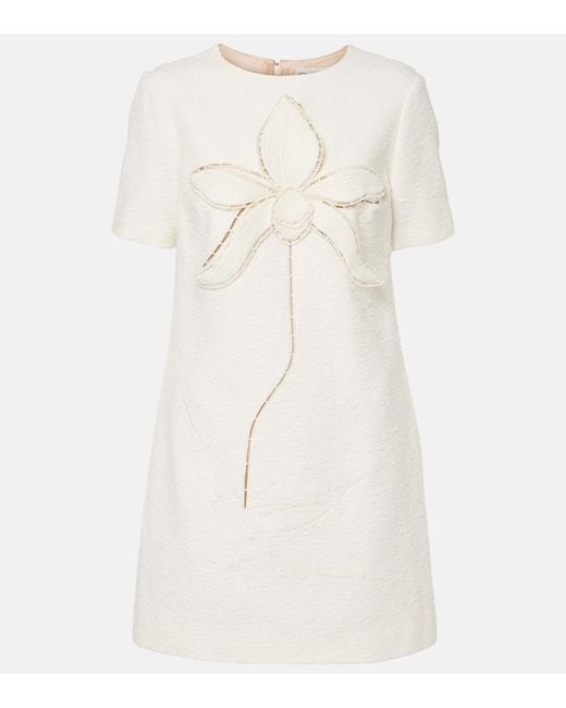 Oscar de la Renta Natural Orchid Embroidered Cotton Tweed Shift Dress
