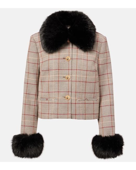Self-Portrait Black Checked Faux Fur-Trimmed Jacket