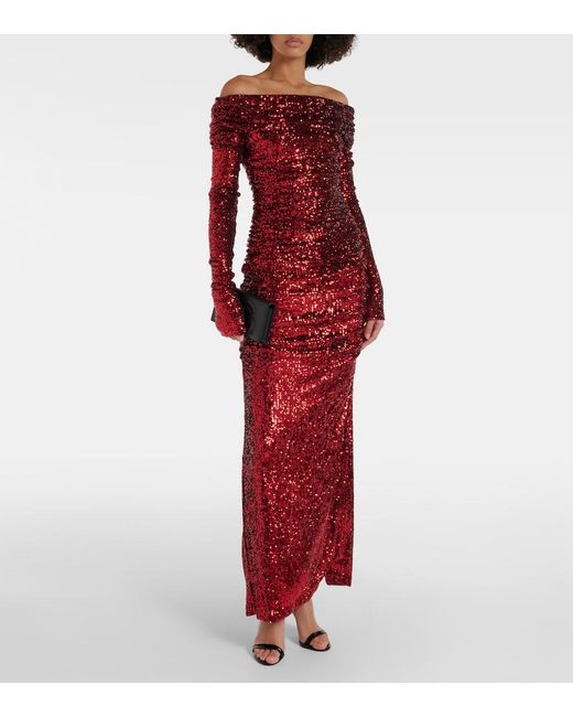 Dolce & Gabbana Red Sequined Off-Shoulder Ruched Gown