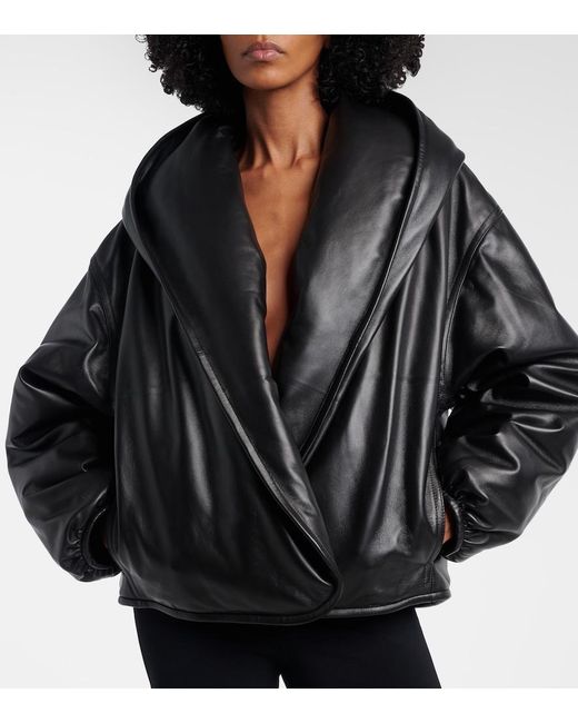 Alaïa Black Hooded Leather Bomber Jacket