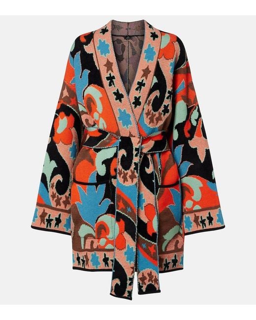 Etro Red Jacquard Wool-Blend Wrap Cardigan