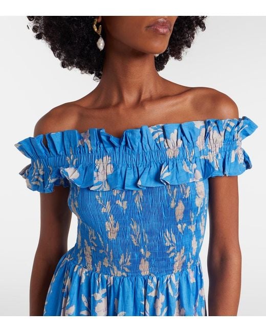 Poupette Blue Suzanne Shirred Cotton Muslin Maxi Dress