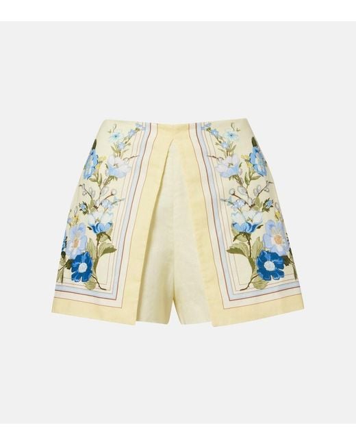 Self-Portrait White Floral Linen And Cotton Shorts