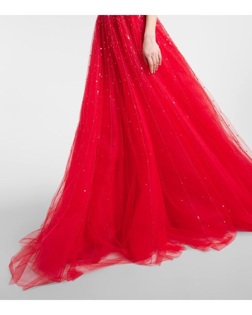 Monique Lhuillier Red Embellished Tulle Gown