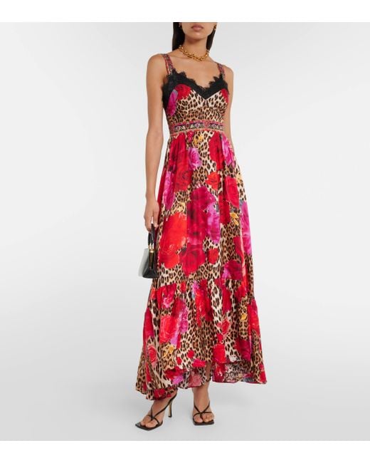 Camilla Red Leopard-print Floral Silk Midi Dress