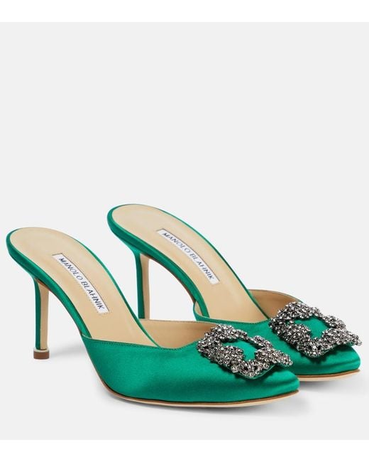 Manolo Blahnik Green Mules Hangisimu 70 Aus Satin Mit Kristallen