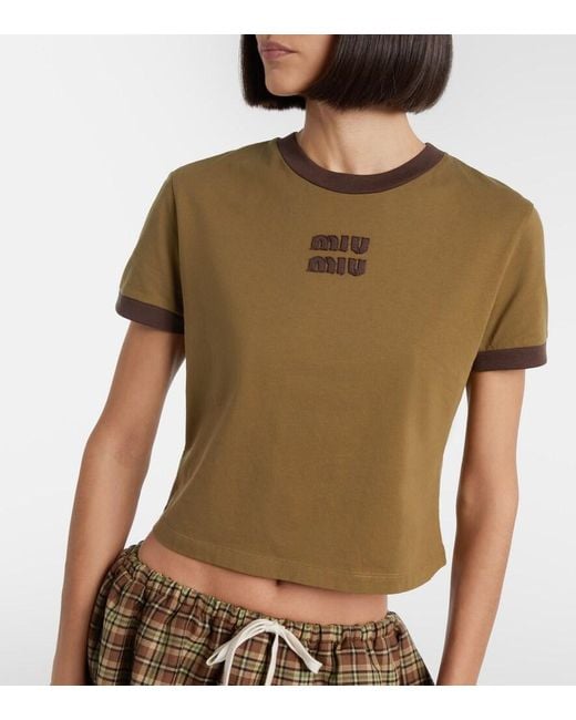 Miu Miu Green Logo Cotton Jersey T-Shirt