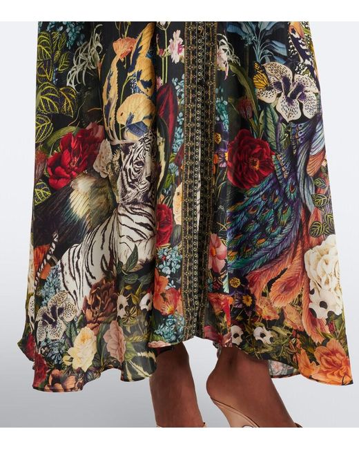 Camilla Black Embellished Printed Silk Satin Maxi Dress