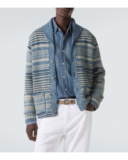 RRL Blue Striped Cotton And Linen Cardigan for men