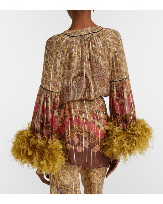 Valentino Multicolor Paisley Feather-Trimmed Silk-Blend Blouse