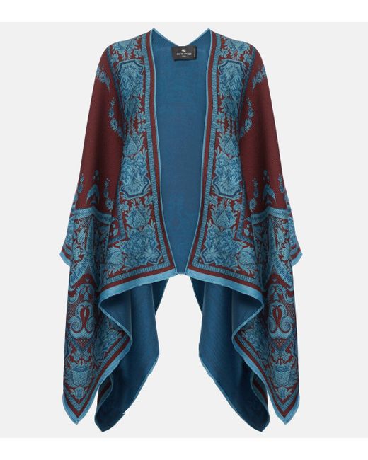 Etro Blue Floral Wool-blend Cape