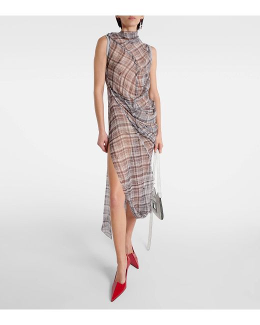 Acne Gray Dsaam Checked Draped Silk Midi Dress