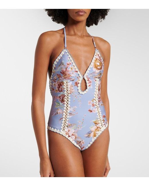 Zimmermann Blue Awaken Floral Crochet-Trimmed Swimsuit