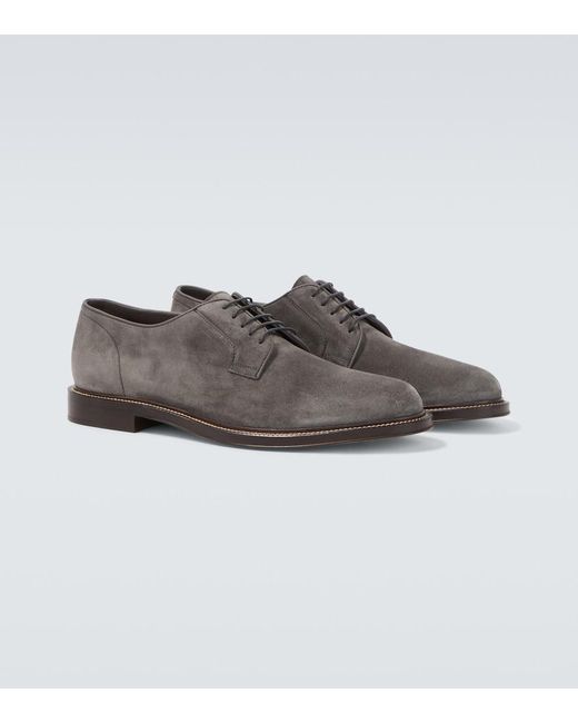 Brunello Cucinelli Brown Suede Derby Shoes for men