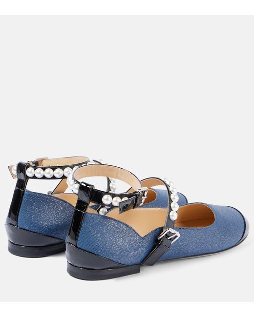 Mach & Mach Blue Embellished Denim Mary Jane Flats
