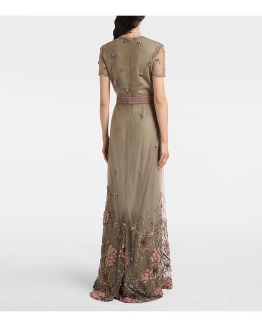 Costarellos Natural Floral Embellished Gown