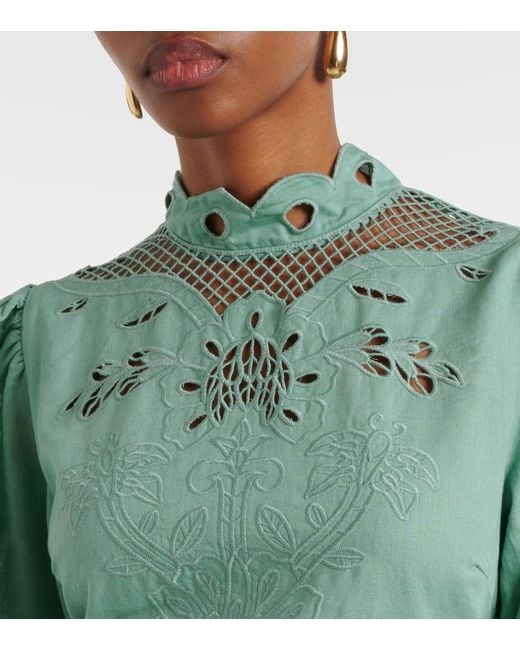 Farm Rio Green Broderie Anglaise Linen And Cotton Midi Dress