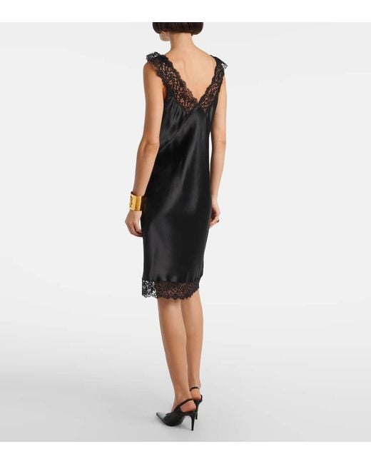Vestido Lencero De Saten De Seda Con Encaje Saint Laurent de color Black