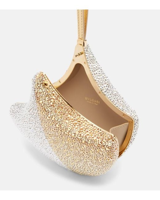 BVLGARI White Ginkgo Crystal-Embellished Suede Clutch