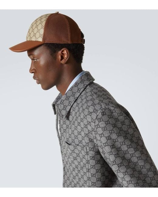 Gucci Natural Gg Canvas Leather-Trimmed Baseball Cap for men