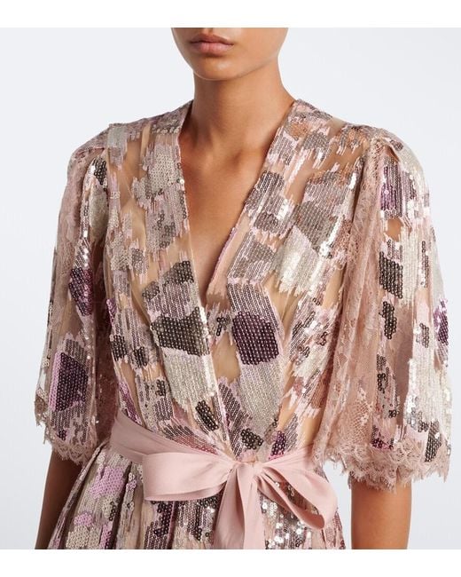 Elie Saab Pink Sequined Silk-Blend Lace Wrap Dress