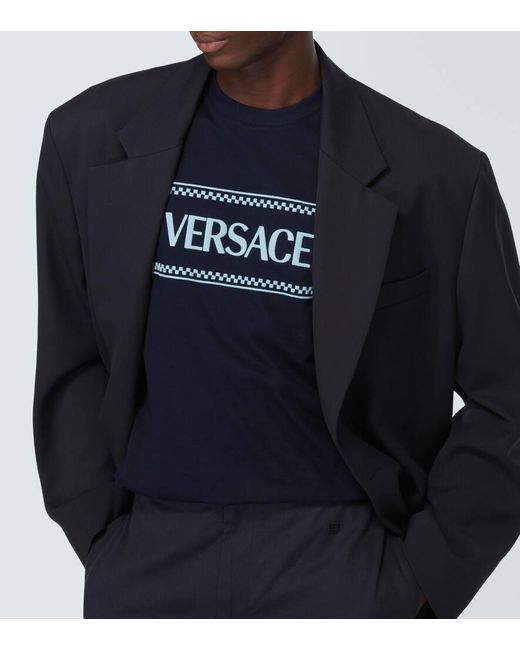 Versace Blue Logo Embroidered Cotton Jersey T-shirt for men