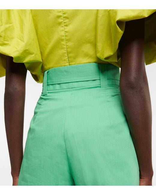 Oscar de la Renta Green High-Rise Wide-Leg Cotton Shorts