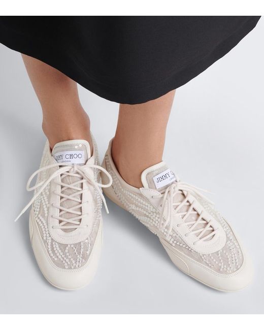 Jimmy Choo White Sunny Suede-Trimmed Embellished Sneakers