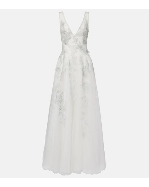 Costarellos White Bridal Open-Back Beaded Tulle Gown