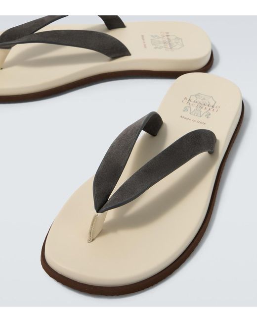Brunello Cucinelli White Suede Thong Sandals for men