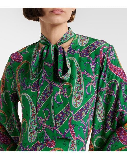 Etro Green Paisley Tie-Neck Silk Maxi Dress
