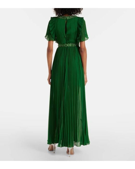 Self-Portrait Green Crystal-Embellished Ruffled Gown