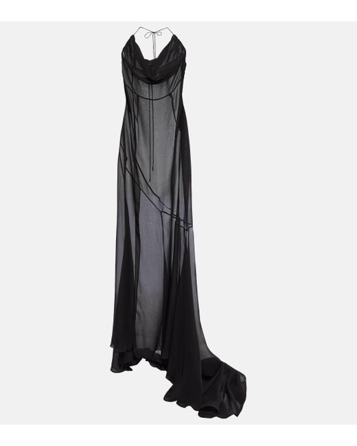 Alessandra Rich Black Silk Georgette Train Long Dress