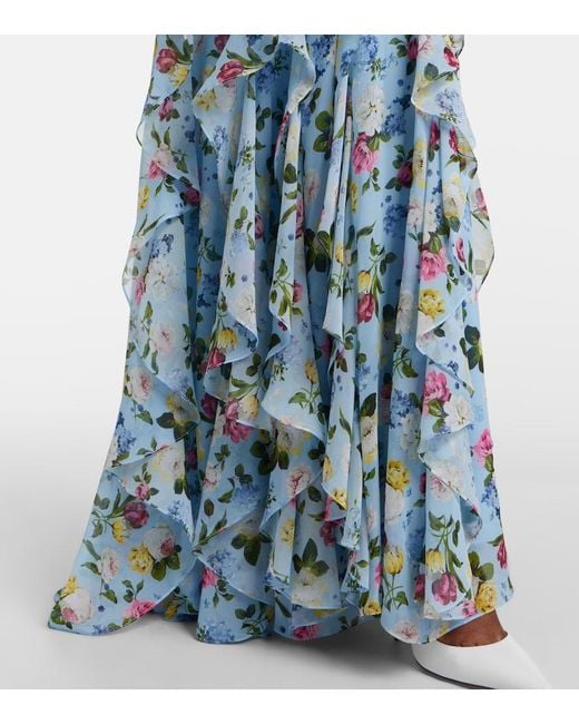 Carolina Herrera Blue Floral Ruffled Silk Gown