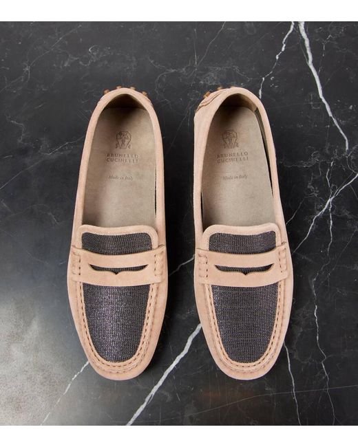 Brunello Cucinelli Pink Mokassins Monili Aus Veloursleder