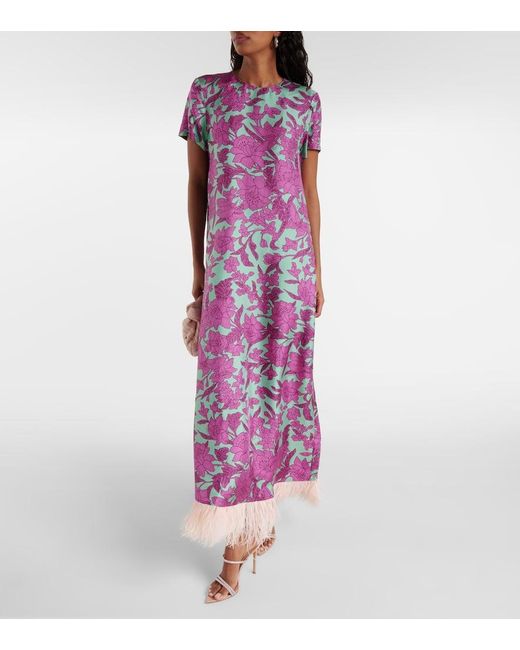 LaDoubleJ Purple Swing Feather-trimmed Floral-print Silk-twill Maxi Dress