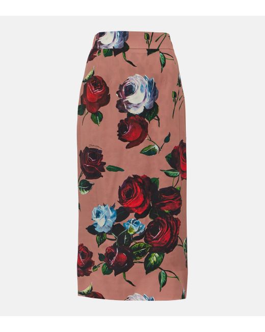Dolce & Gabbana Red Floral Silk-blend Charmeuse Midi Skirt