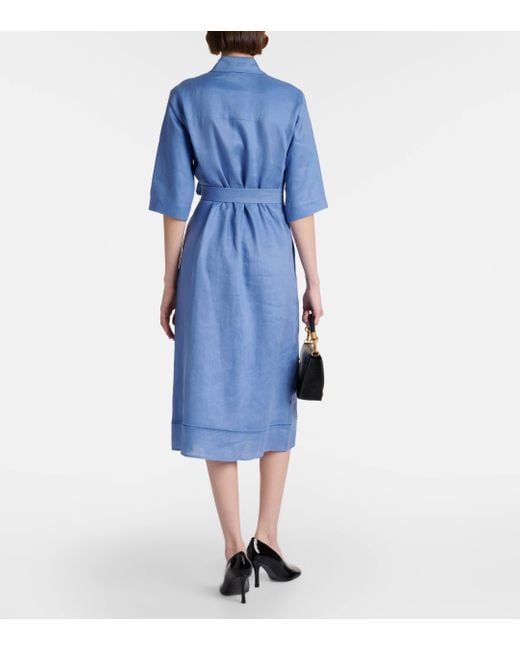 Max Mara Blue Nocino Pleated Linen Midi Dress