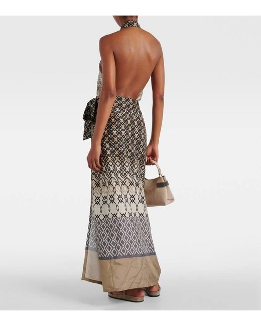 Brunello Cucinelli White Printed Halterneck Silk Maxi Dress