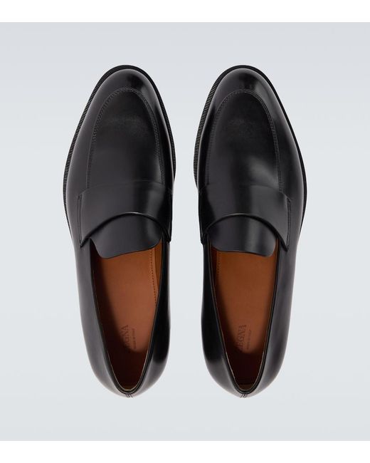 Zegna Black Leather Penny Loafers for men