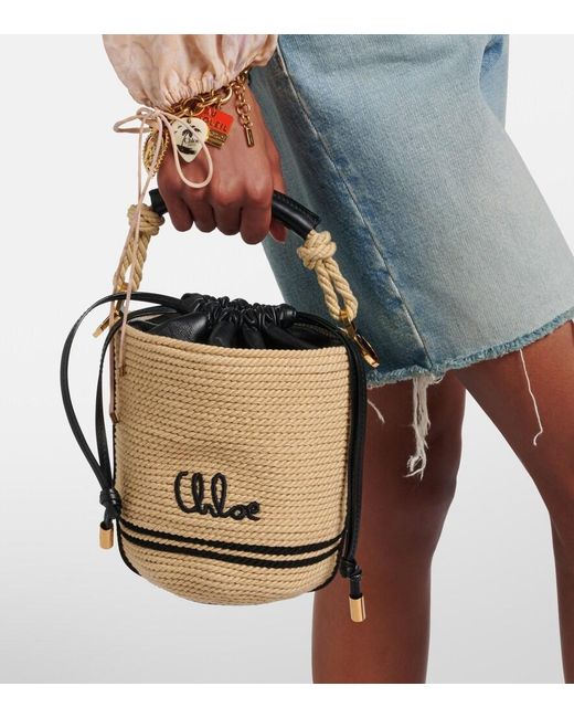 Chloé Black Soleil Mini Raffia-Effect Bucket Bag